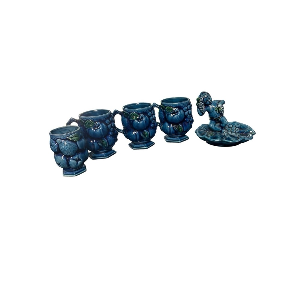Vintage Inarco Blue Grape Mugs Set‎ w Cherub Tray Japan